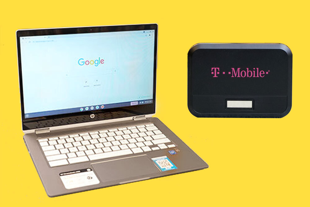 chromebook open and a T-Mobile hotspot on yellow