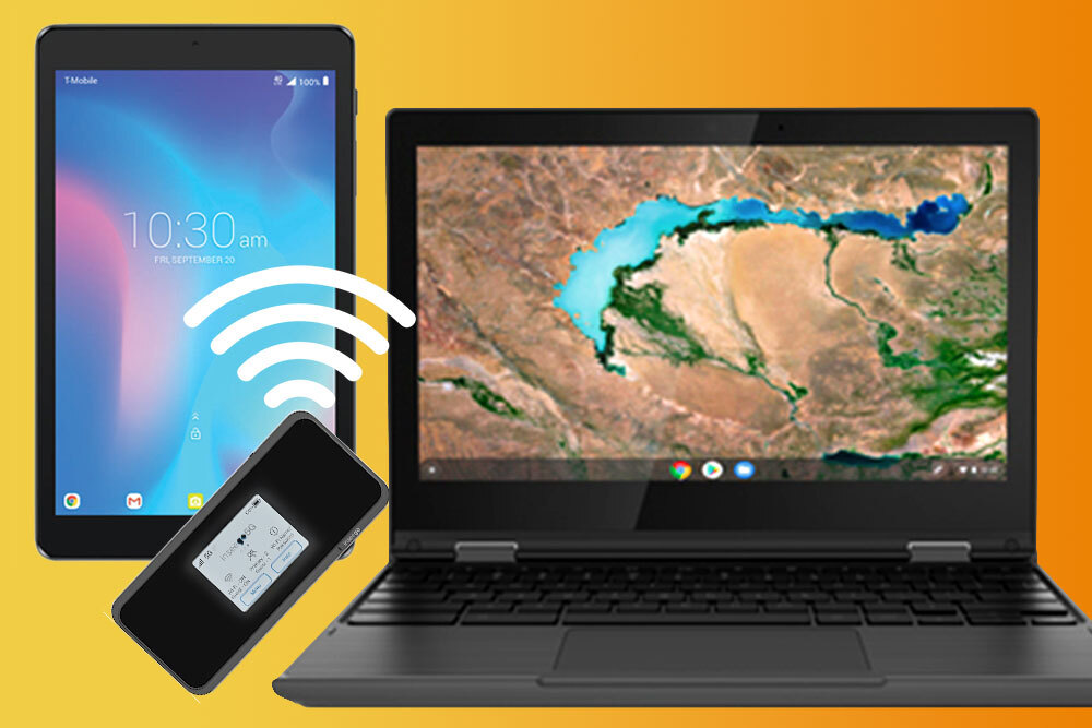computer and internet devices - mobile hotspot with Wi0Fi signal, digital tablet, and chromebook laptop