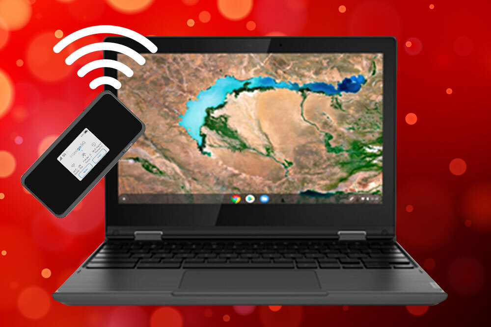 computer and internet devices - mobile hotspot with WiFi and Chromebook laptop on red lights background