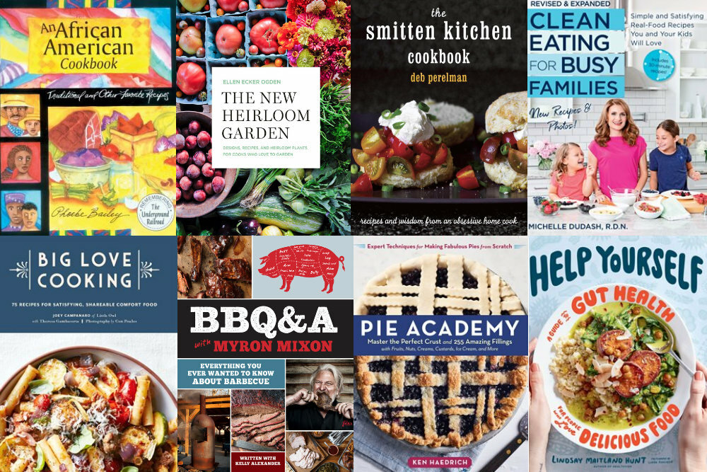 a collage of cookbook, gardening, and healthy eating book covers from the Pratt Library catalog
