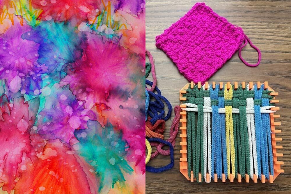 Crafts for adults - painting with alcohol inks and weaving a potholder