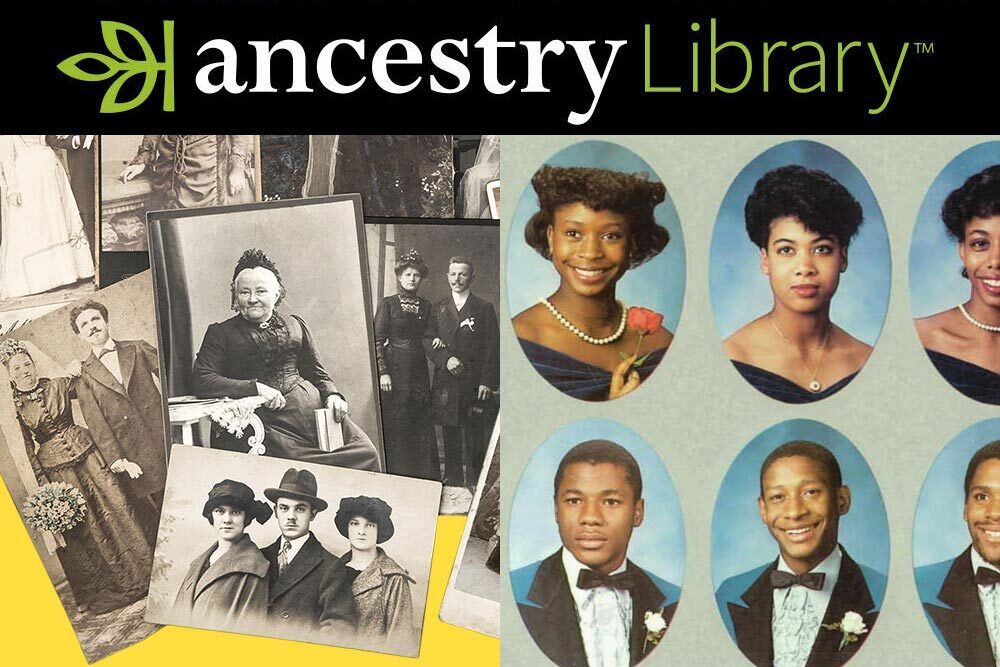 Ancestry Library Edition database - logo with antique photos and school yearbook photos from Frederick Douglass High School
