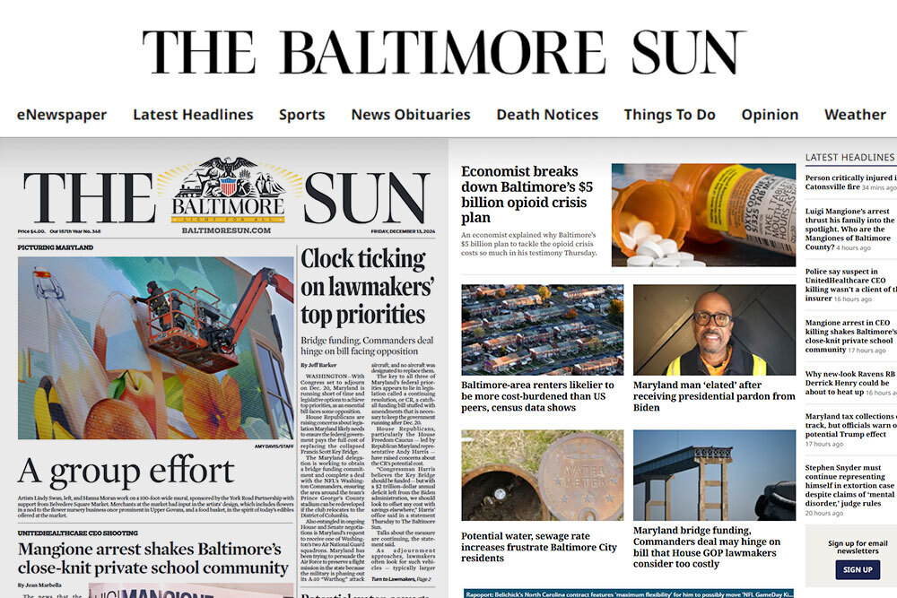 Baltimore Sun newspaper access - web logo and navigation menu above sample Sun pages