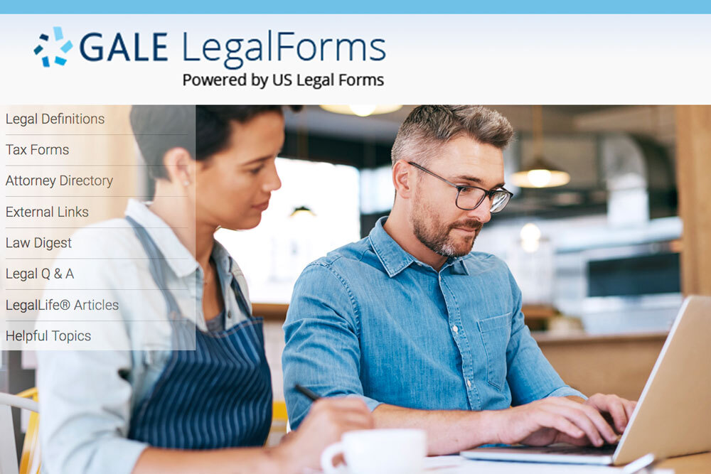 Gale Legal Forms - logo, navigation categories, and a photo of people using a laptop