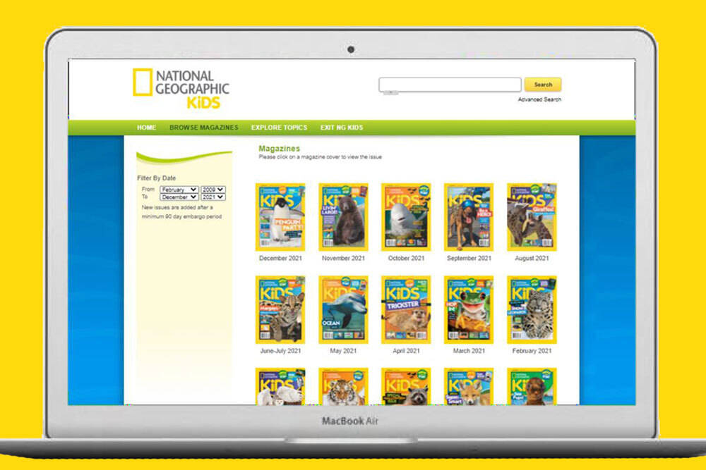 National Geographic Kids - laptop screen with digital magazines on yellow