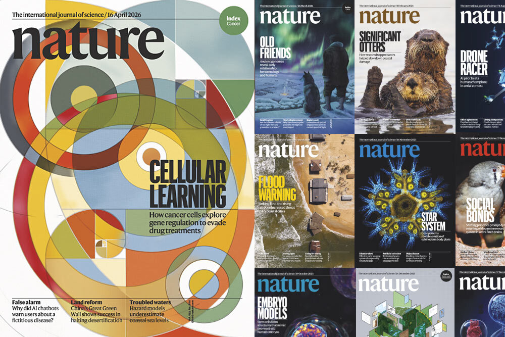 database Nature - covers for April 2026 and sample back issues.