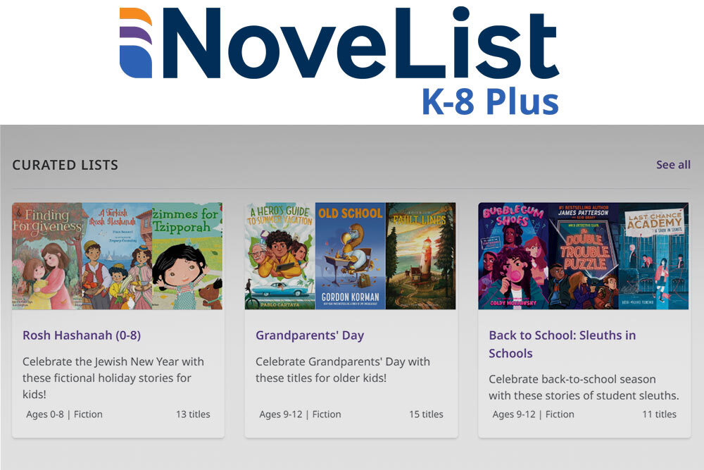 Novelist K-8 Plus for kids  with logo and sample books in curated lists