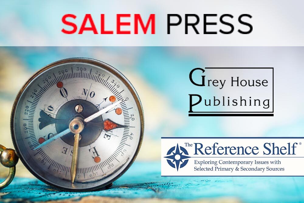 Salem Press database with Grey House Publishing and Reference Shelf logos on compass image background