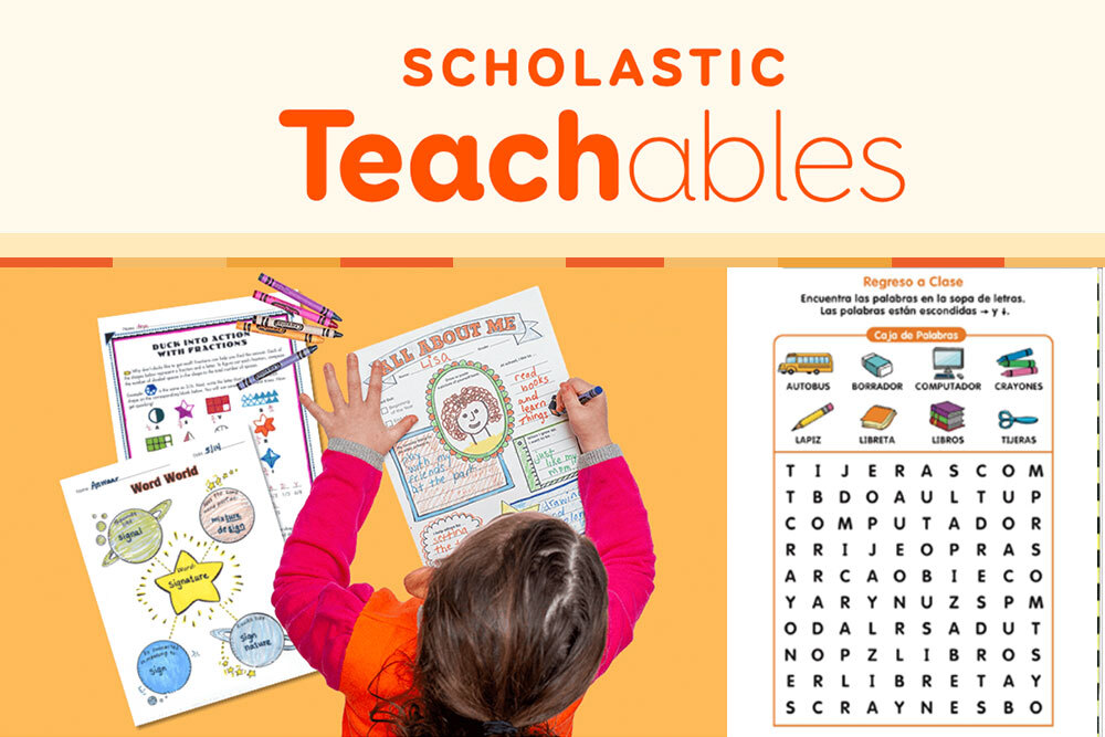 Scholastic Teachables - overhead of a child with worksheets and a printable word find in Spanish