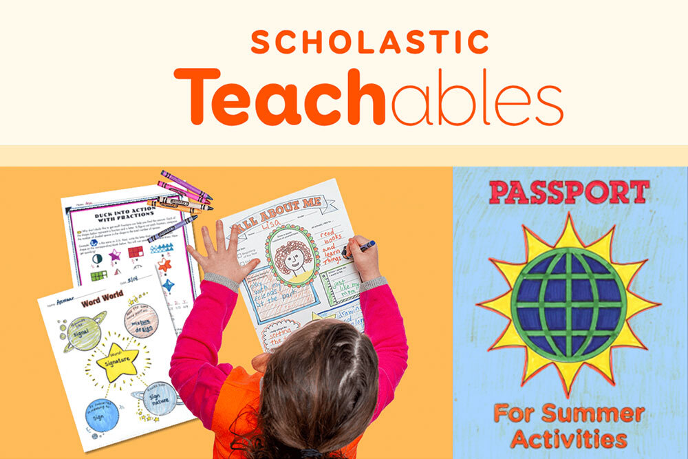 Scholastic Teachables - overhead view of a girl coloring worksheets, and a passport for summer activities