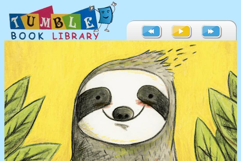 Tumble Book Library collage with logo and sloth book image