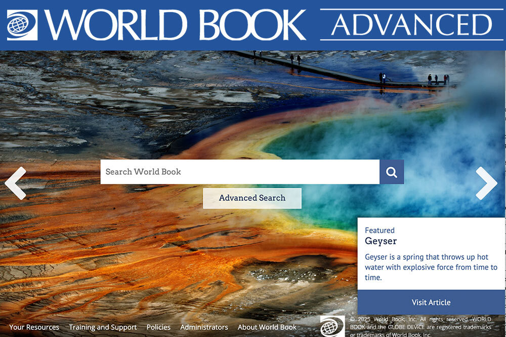 World Book Advanced database with logo and entry for geyser