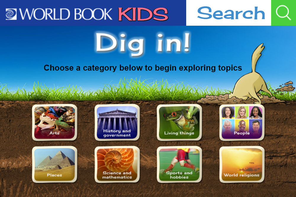 World Book Kids database - Dig In search screen