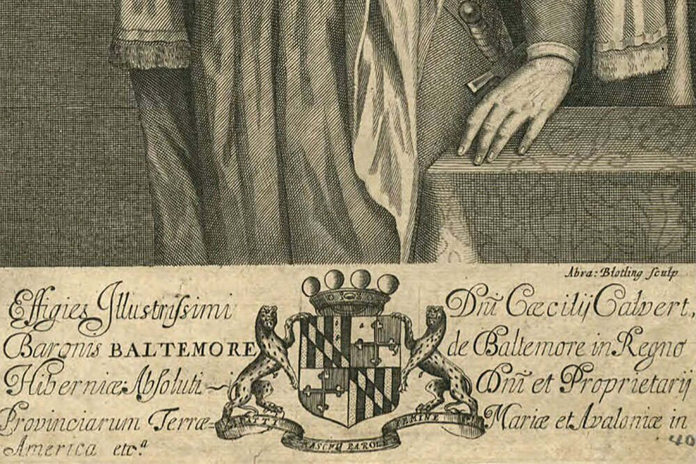 Early Maryland document - Cecil Calvert Baltimore and coat of arms engraving 1657