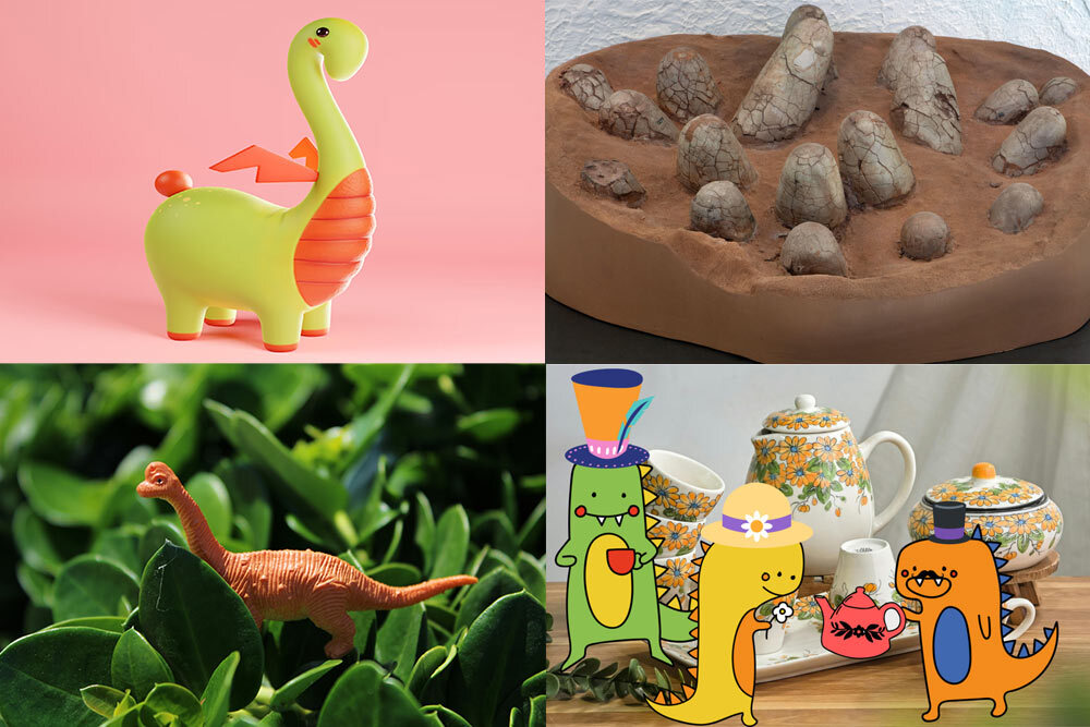 Kids Dinovember events 2025, showing toy dinosaurs and eggs and a dino tea party