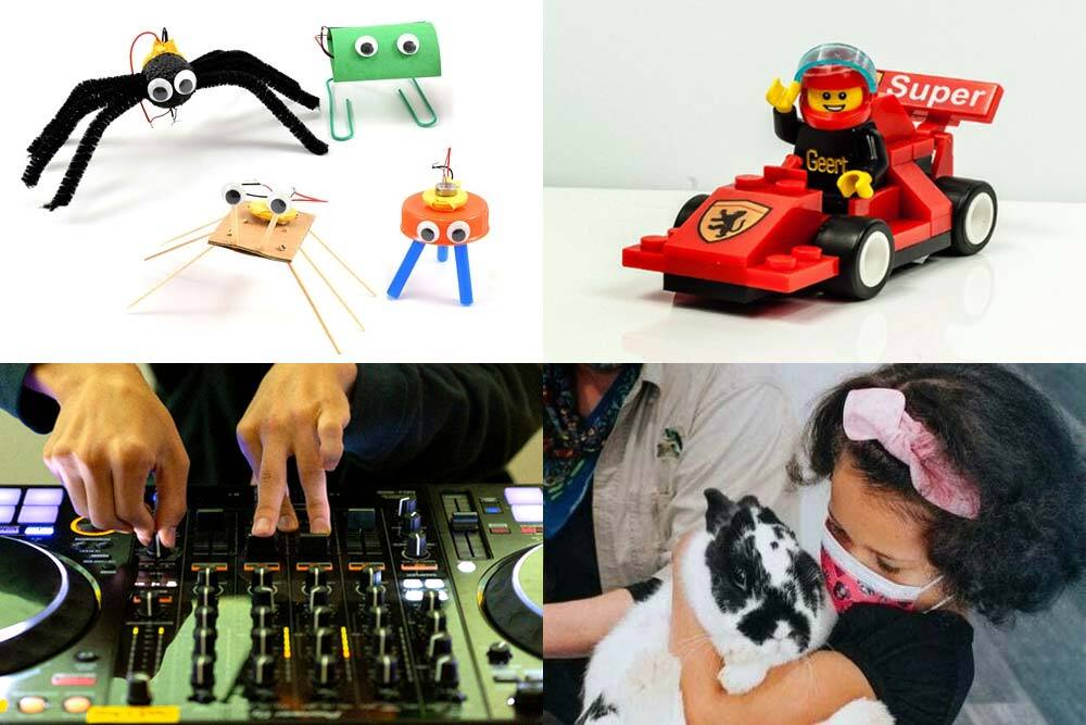 Kids STEAM events January 2026, showing vibrobots, lego games, a DJ, and animal adventures