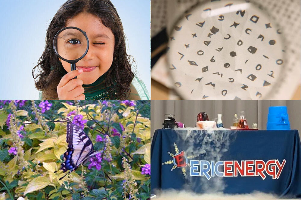 Kids STEAM events May 2025, showing microscopy, cryptography, butterflies, and the Eric Energy show