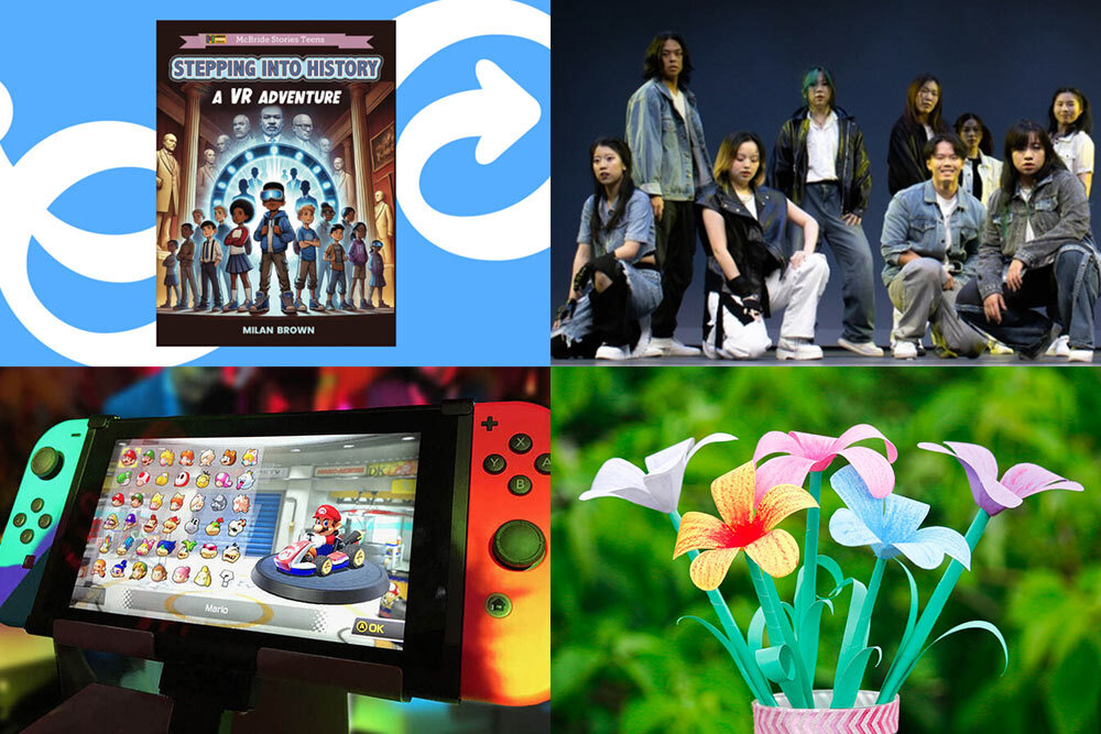 after-school events for kids May 2025, showing book authors, K-pop performers, Mario Kart on Switch, and paper flowers
