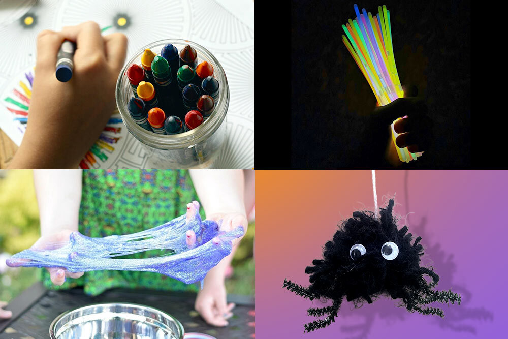 Kids after-school events in October 2025, showing coloring, glow sticks, slime, and a yarn spider craft