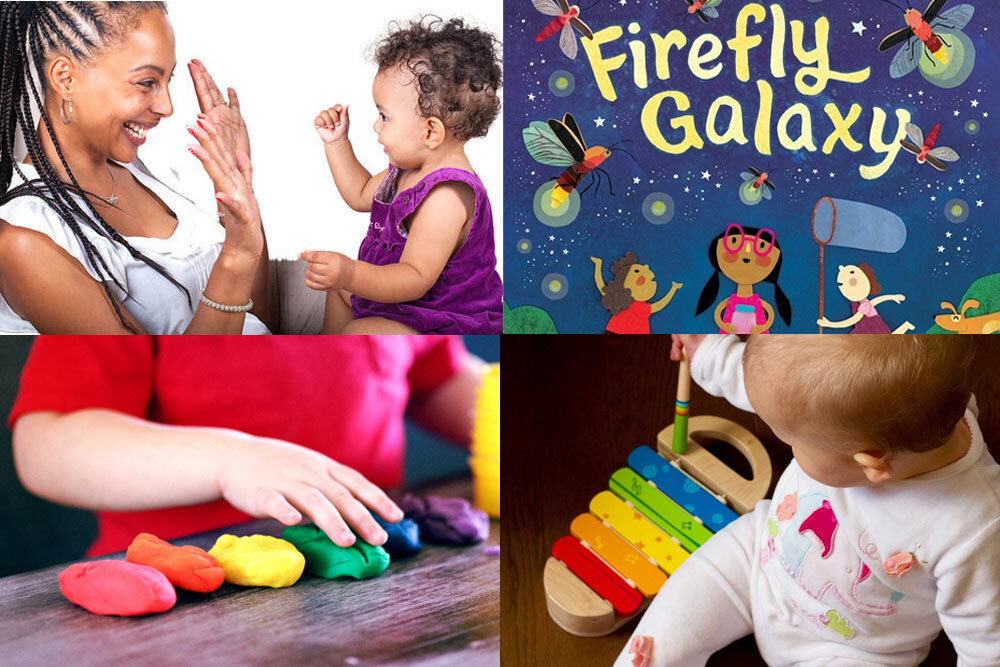Early Learning events for young children, July 2025 - showing the books Firefly Galaxy, playdough, music, and games