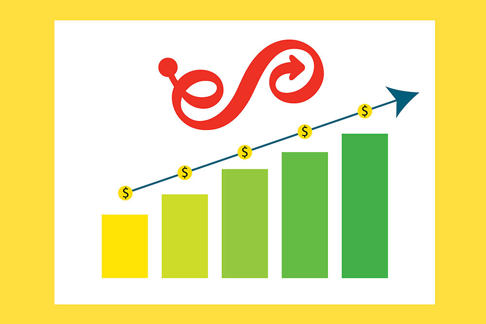 money saving graphic - Enoch Prat Free Library logo with a financial chart graphic going upwards with dollar signs