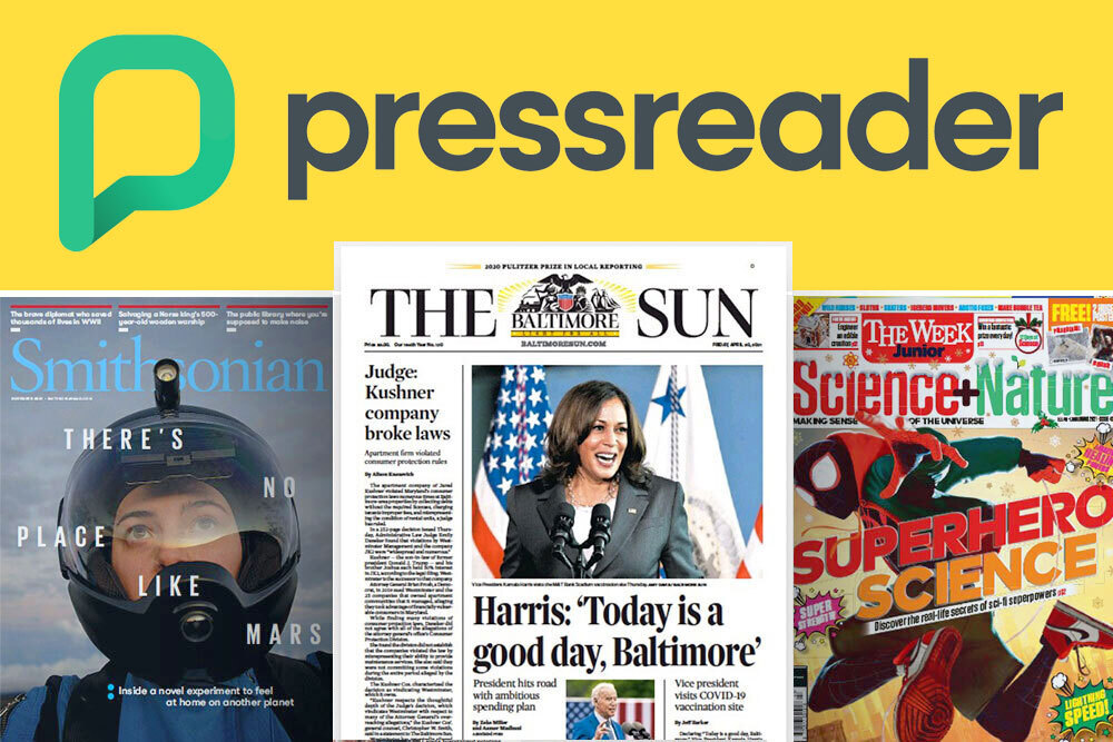 PressReader logo, Baltimore Sun and magazines - Smithsonian and Superhero Science + Nature on yellow