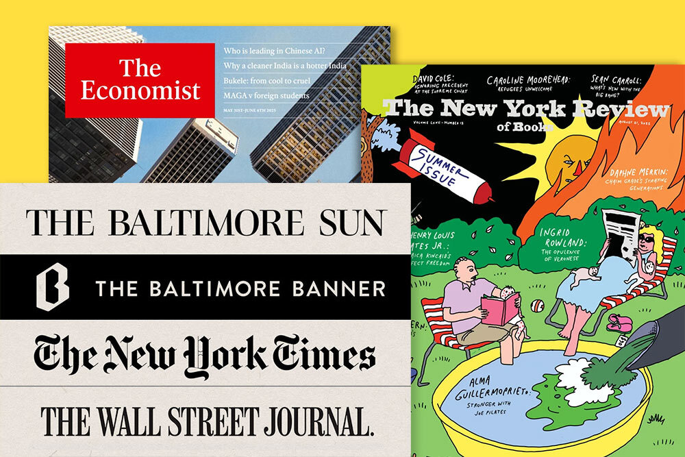 newspapers and magazines, showing The Economist, New York Review of Books, and newspaper masthead logos