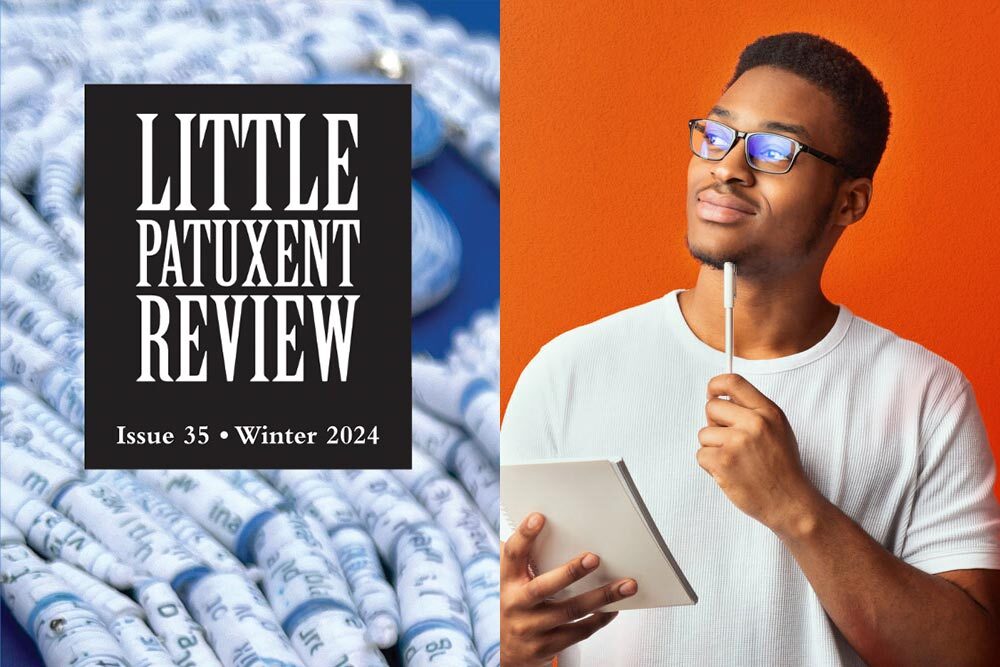 thinking man with pen and notebook, and cover of Little Patuxent Review
