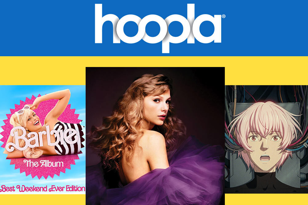 Hoopla Music logo and partial album covers of popular music to borrow, including Taylor Swift, the Barbie soundtrack, and Tainy