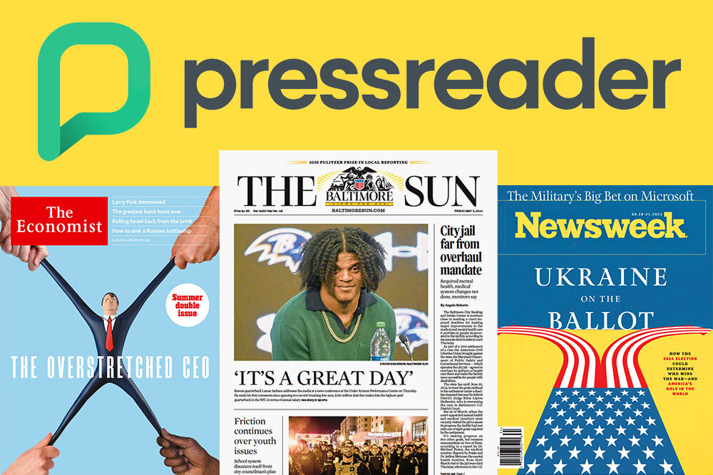 PressReader logo, Baltimore Sun newspaper and The Economist and Newsweek magazines on yellow