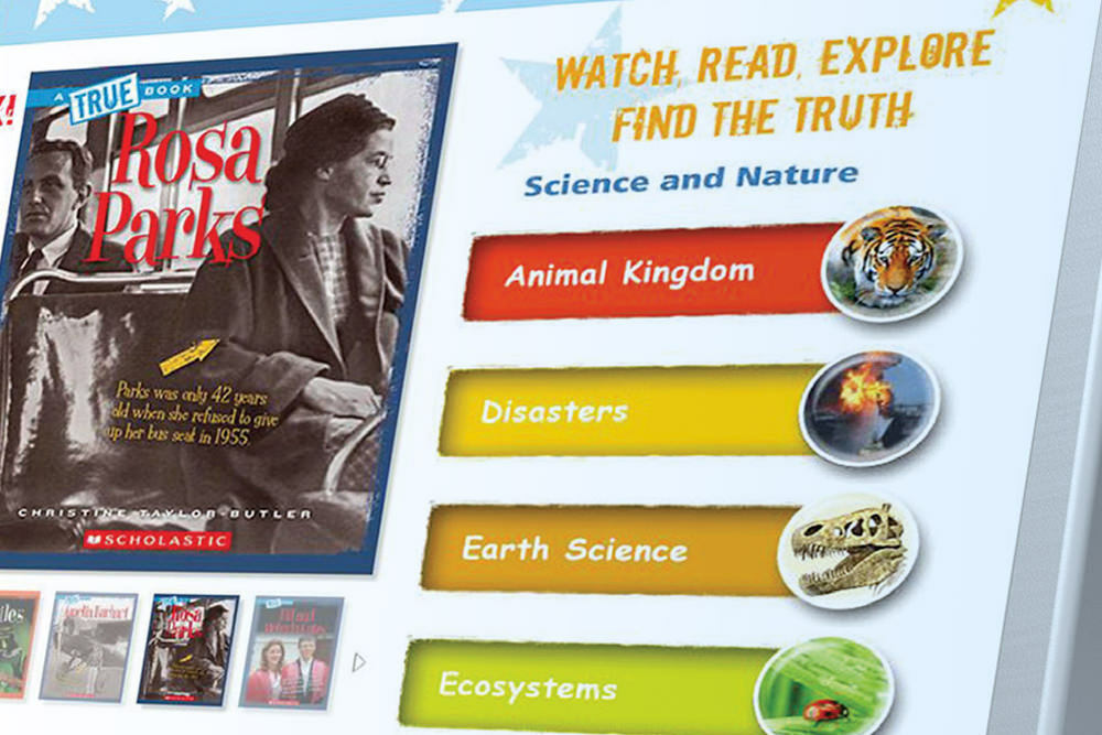 Scholastic databases for kids - Rosa Parks and science categories on a screen