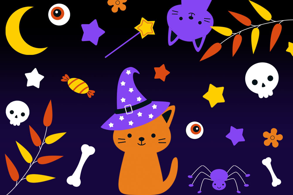 Spooky Season events - cat with a wizard hat and Halloween and fall imagery