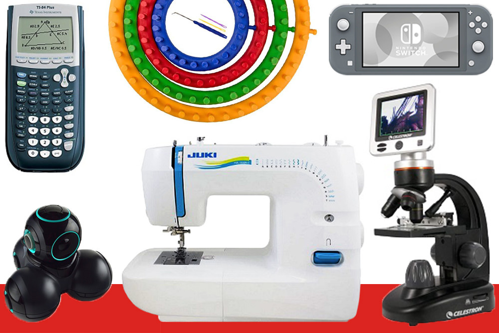teen library of things - sewing machine, knitting loom, coding robot, graphic calculator, Nintendo Switch, digital microscope