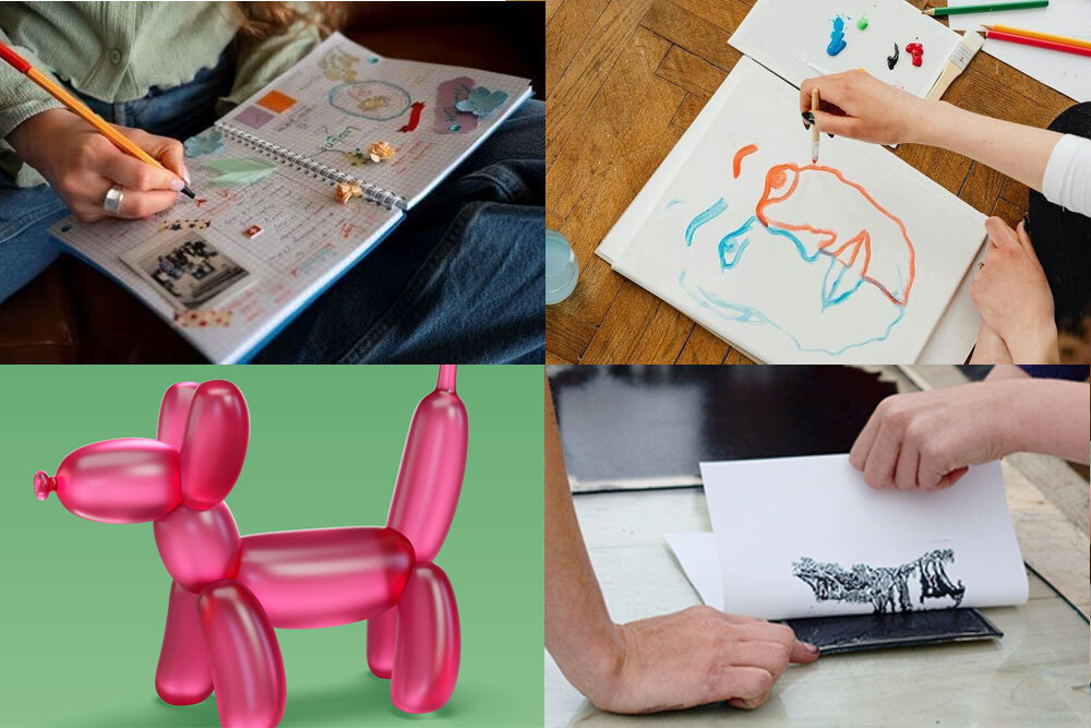 Teens arts and crafts events January 2026, showing journaling, dual portrait making, block printing, and Jeff Koons balloon dog