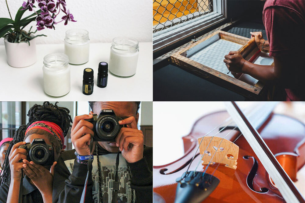 Teens arts and crafts events in November 2025, showing candle making, screen printing, teens with cameras, and live music