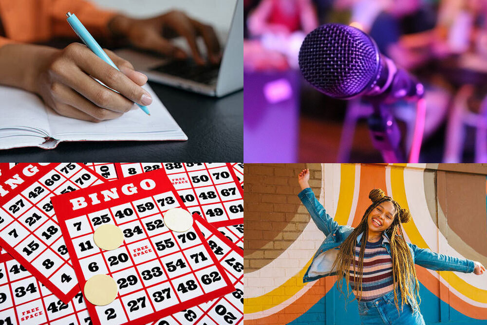 back to school events for teens in September 2025, showing writing, a microphone, bingo, and a happy teen
