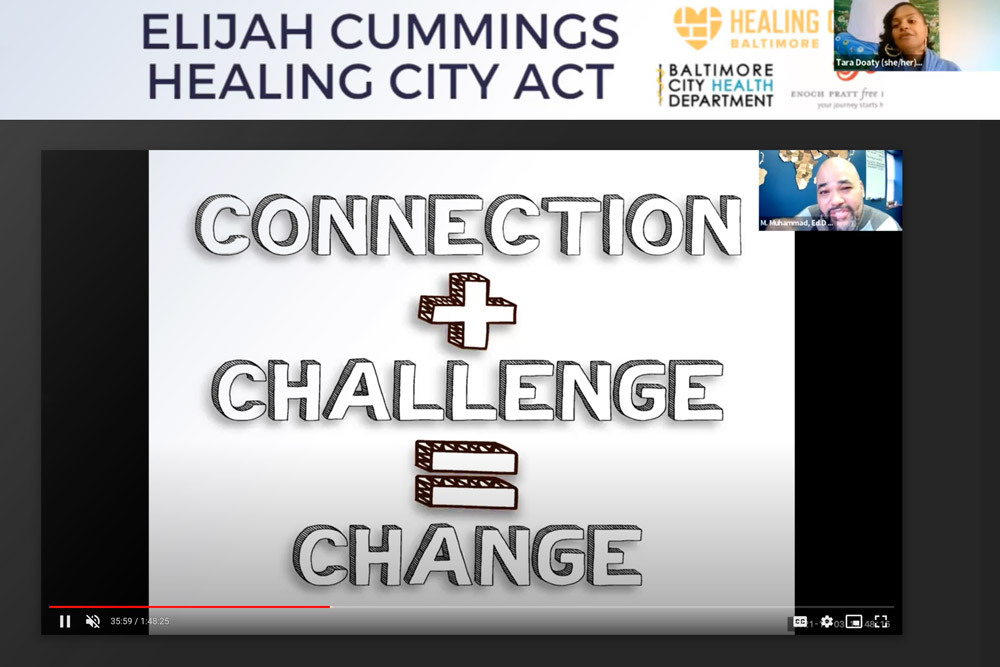 staff training video screen, Elijah Cummings Healing City Act - Connection plus Challenge equals Change