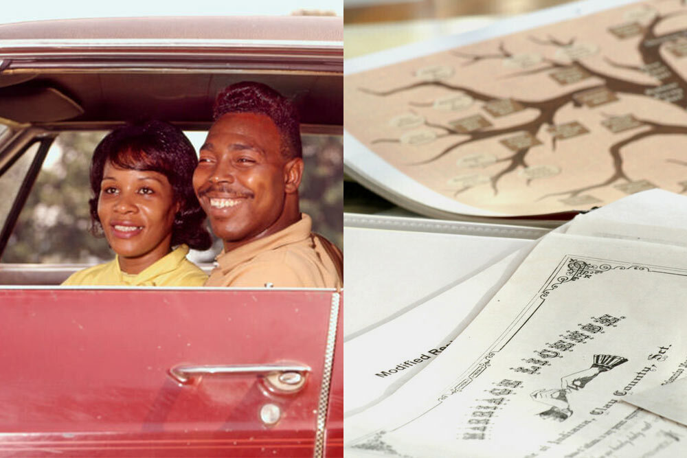 vintage photo of an African American family in a car, and old documents including a family tree and marriage license