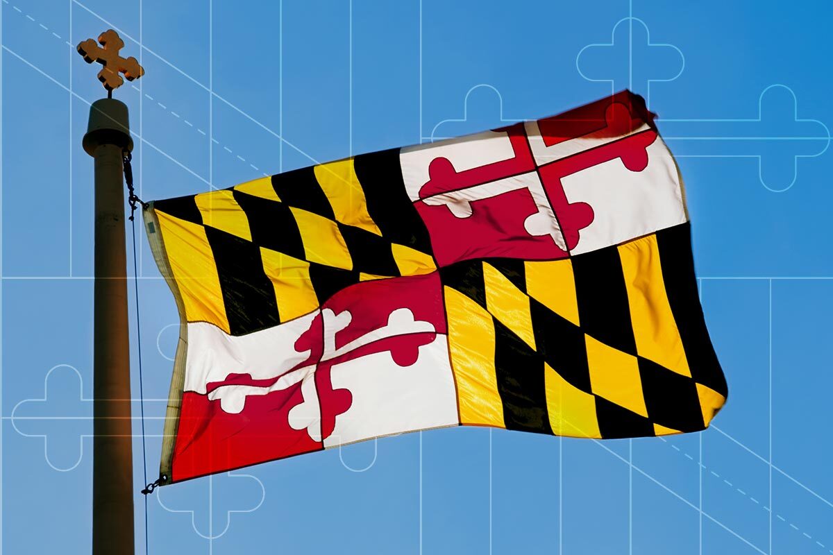 Maryland flag with post and design lines blue.