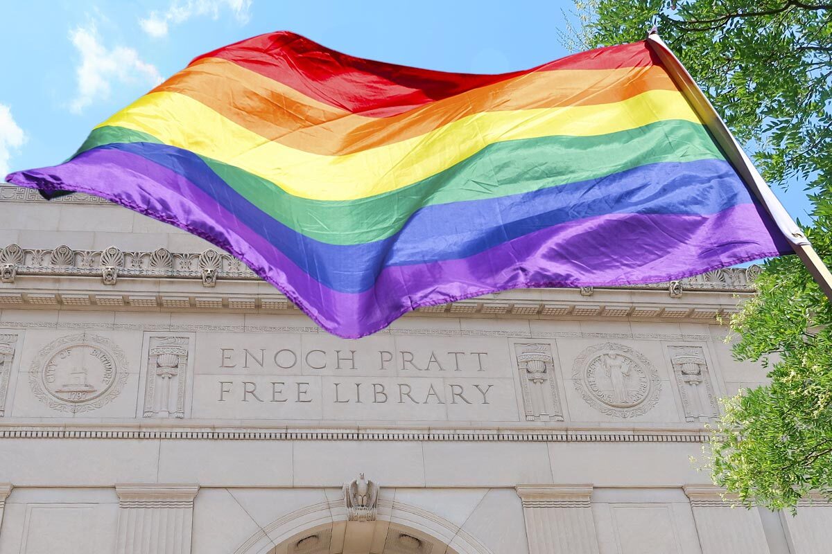 Central Pratt Library with rainbow Pride flag.