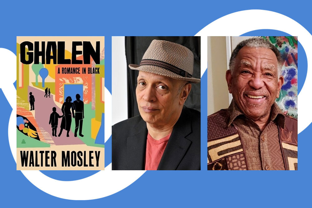 Walter Mosley, his book Ghalen, and moderator on EP logo.