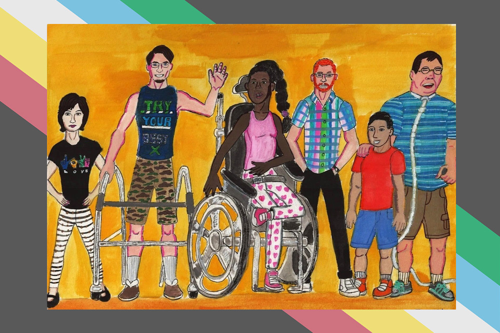 artwork of a positive, diverse group of disabled people by Tyrone Weedon of Make Studio on a Disability Pride flag background