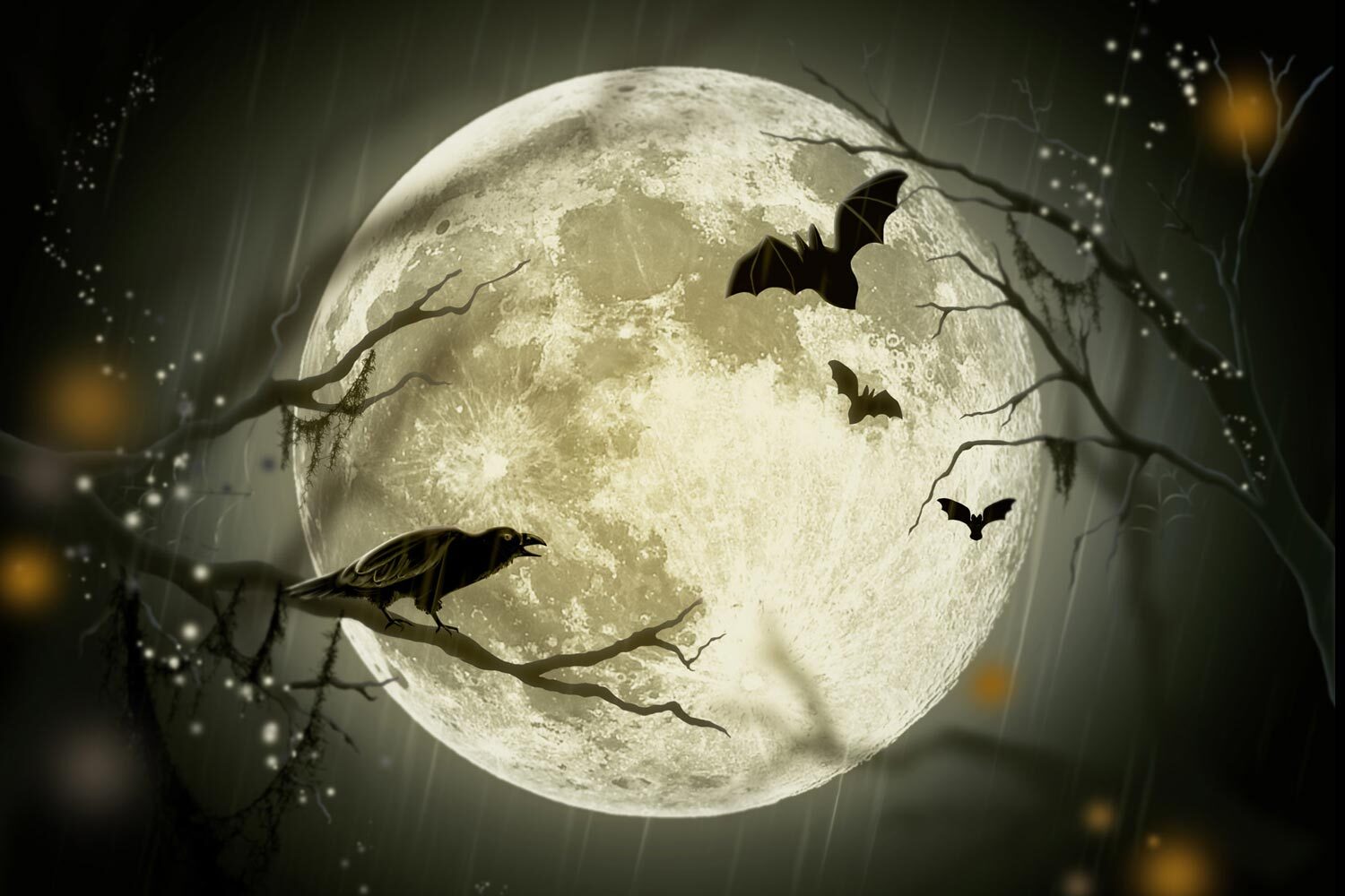 spooky season events - illustration of a full moon with tree branches and animals of the night.