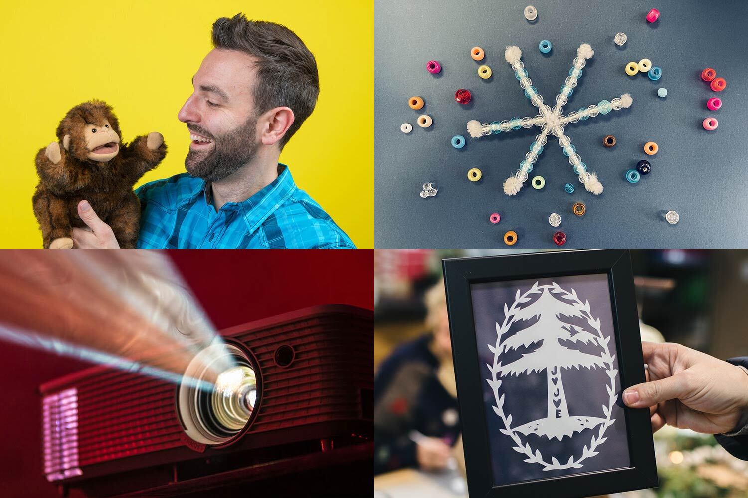 winter fun events including storytimes, beading snowflakes, papercut crafts, and  movies