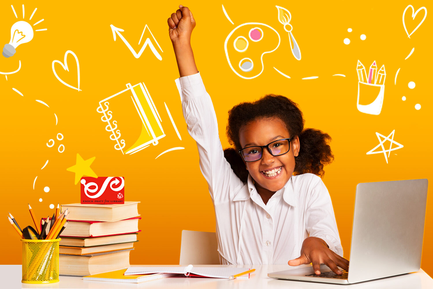 Back to School with Pratt Library - happy student surrounded by school and after-school images.
