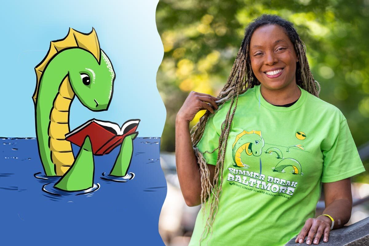 Chessie reading a book int he water and smiling woman in a Summer Break Baltimore t-shirt.