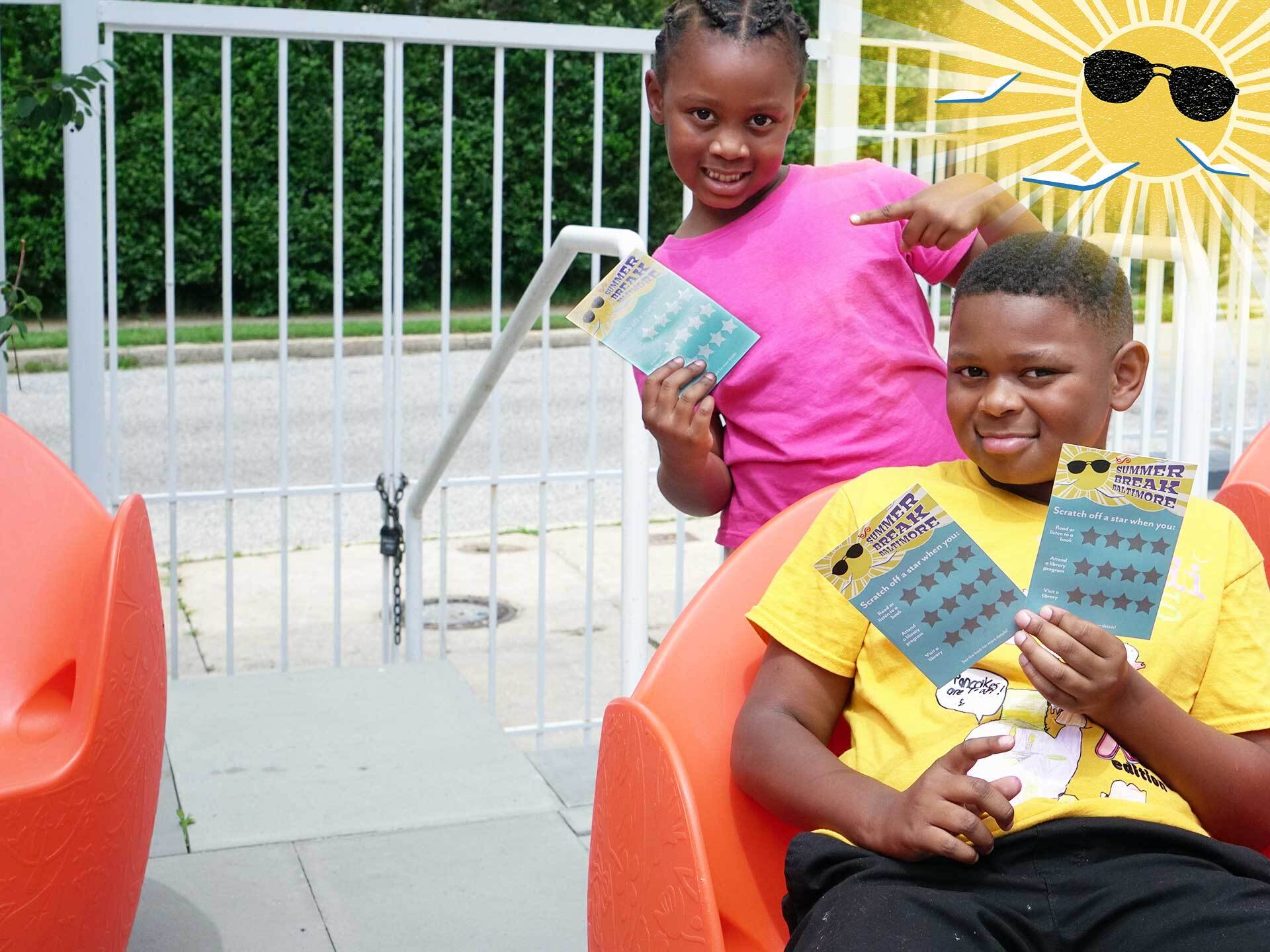Summer Break Baltimore kids with scratch-off cards and  sun logo and flying books