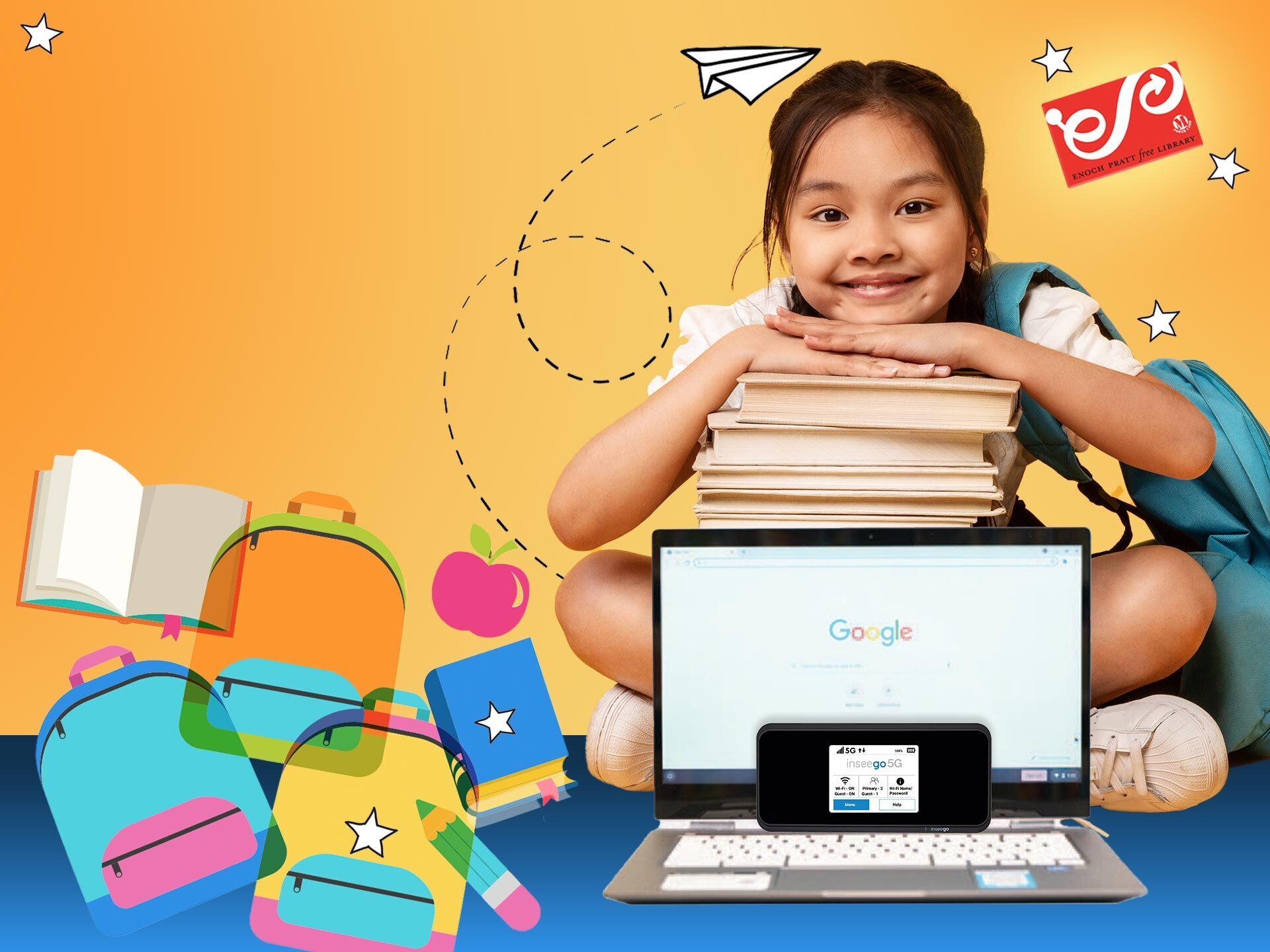 back to school with a Pratt Library card, laptop and hotpot,  student and school illustrations