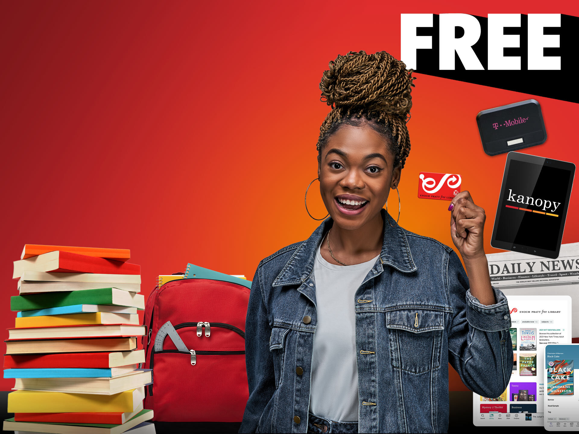 Black Friday 2022 - woman holding a Pratt library card and FREE items like books, streaming movies, a hotspot, and a newspaper
