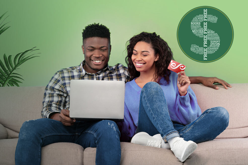 Save money with a Pratt Library card - a couple on the couch with laptop and library card and dollar sign image